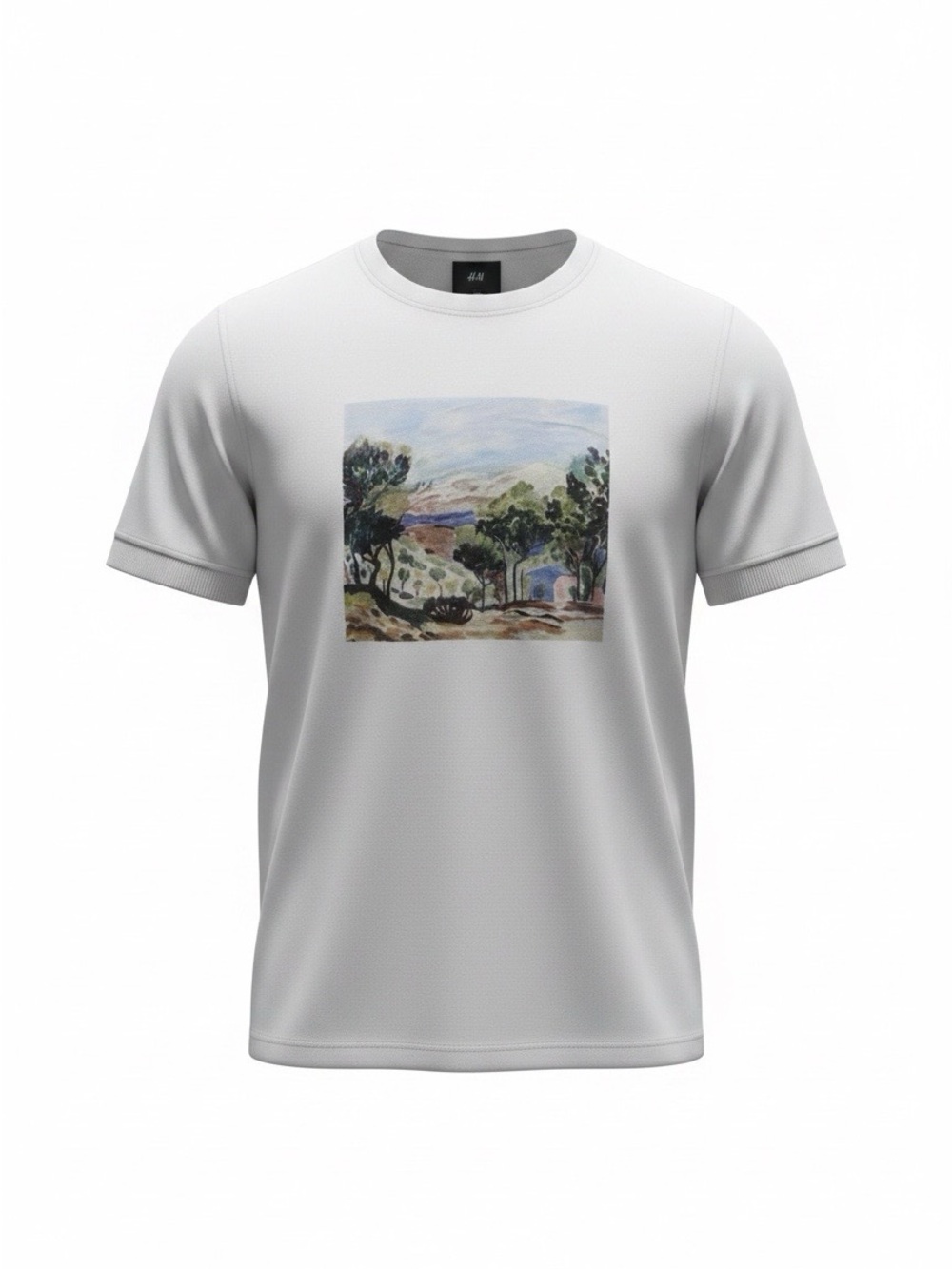 H&M White Short Sleeve Tee with Scenic Watercolor Print